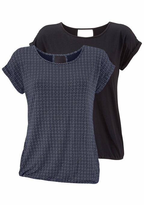 Bild: Kurzarmshirt von LASCANA: Lascana Shirts im 2er-Pack. Mit Rundhalsausschnitt und V-förmigem Cut-Out im Nacken. Gummizug am Bund für eine lockere Passform. Aus weicher Viskose-Elasthan-Qualität.