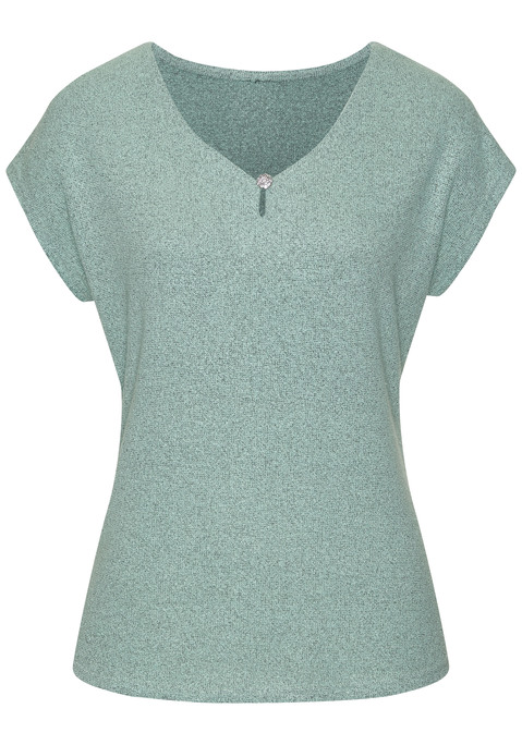 Bild: Kurzarmshirt von LASCANA: Kurzarm-Shirt von Lascana. V-Ausschnitt mit Cut-out und kleinem Knopf mit Schmucksteinbesatz. Ideal für den Alltag und besondere Anlässe. Weiche, strukturierte Qualität mit Viskose.
