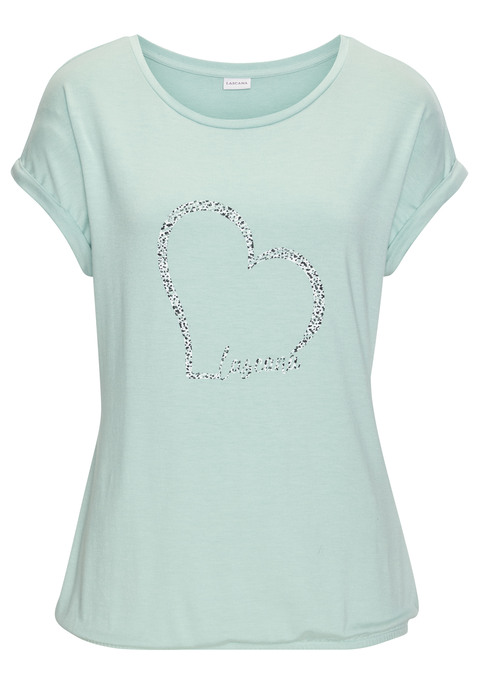 Bild: Kurzarmshirt von LASCANA: T-Shirt von Lascana mit großem Frontprint und Markenschriftzug. Rundhalsausschnitt mit Bündchen. Nahtlos angesetzte Krempelärmel. Bund mit Gummizug für eine lässige Passform. Weich fließender Viskosejersey.