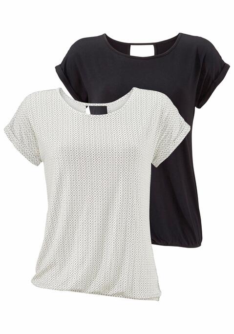 Bild: Kurzarmshirt von LASCANA: Lascana Shirts im 2er-Pack. Mit Rundhalsausschnitt und V-förmigem Cut-Out im Nacken. Gummizug am Bund für eine lockere Passform. Aus weicher Viskose-Elasthan-Qualität.