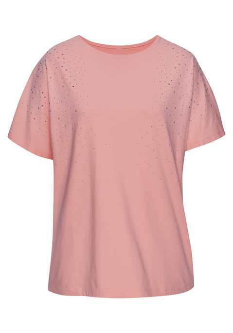 Bild: Kurzarmshirt von LASCANA: T-Shirt von Lascana mit glitzernden Schmucksteinen auf der Vorderseite. Rundhalsausschnitt mit dezenter Blende. Überschnittene Schultern für eine moderne Silhouette. Locker fallende Passform. Vielseitig kombinierbar. Hochwertige Qualität.