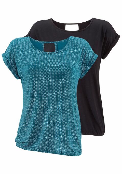 Bild: Kurzarmshirt von LASCANA: Lascana Shirts im 2er-Pack. Mit Rundhalsausschnitt und V-förmigem Cut-Out im Nacken. Gummizug am Bund für eine lockere Passform. Aus weicher Viskose-Elasthan-Qualität.
