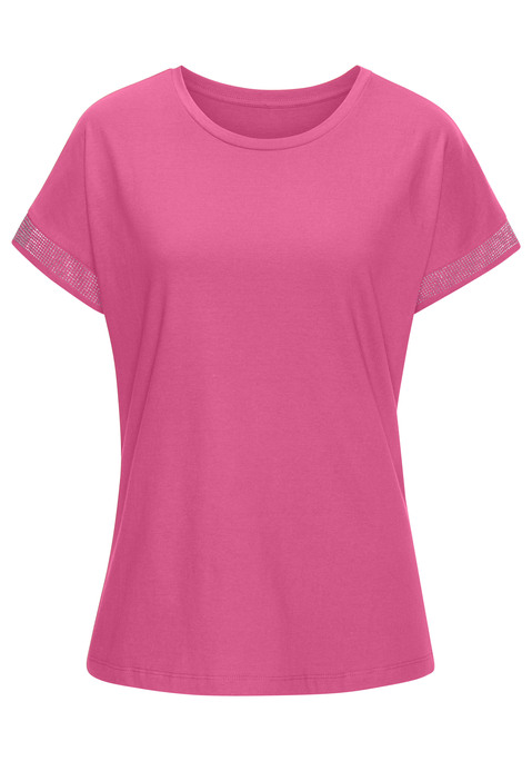 Bild: Kurzarmshirt von LASCANA: T-Shirt von Lascana mit Schmucksteinbesatz an den Ärmeln. Rundhalsausschnitt. Locker fallende Passform. Hochwertige Baumwollqualität.