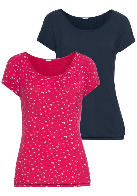Bild: Kurzarmshirt von LASCANA: Lascana Shirts im 2er-Pack. Leicht geraffter Ausschnitt für ein schönes Dekolleté. Mit Gummizug am Bund für eine lässige Passform. Aus weich fließender Viskose-Elasthan-Qualität.