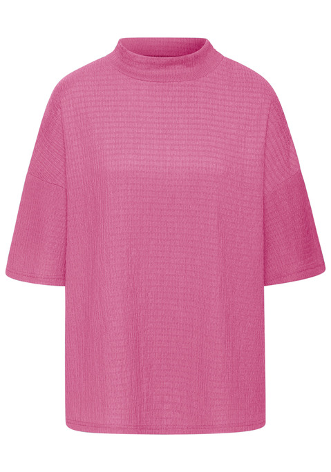 Bild: Kurzarmshirt von LASCANA: Locker geschnittenes Shirt von Lascana. Stehkragen. Überschnittene Schultern, halbe Ärmel. Strukturierte Crêpeware mit recyceltem Polyester.