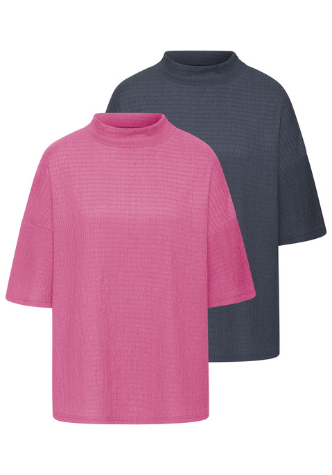 Bild: Kurzarmshirt von LASCANA: Markantes Shirt von Lascana im Doppelpack. Stehkragen. Überschnittene Schultern, halbe Ärmel. Lockerer Schnitt. Strukturierte Crêpeware mit recyceltem Polyester.