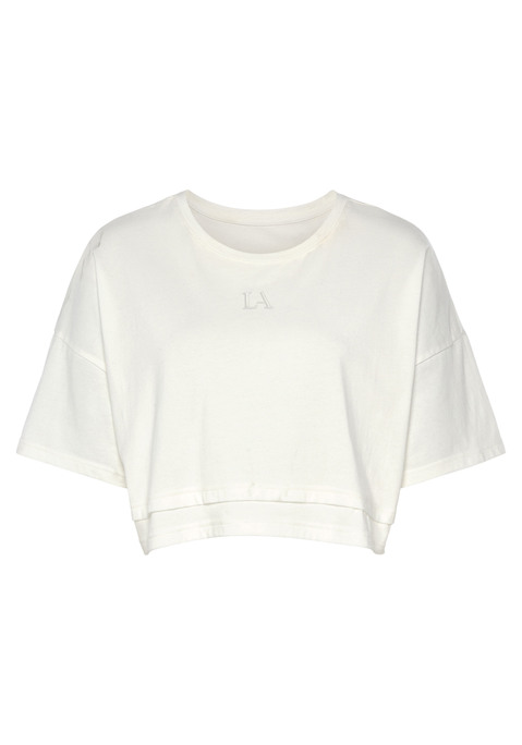 Bild: Kurzarmshirt von LASCANA: Lässiges Cropped-Shirt von Lascana mit Rundhalsausschnitt und lässig überschnittenen Schultern. Saum im Lagen-Look. Tonige Markenstickerei vorn. Weite, kastige Passform mit modisch verkürzter Länge. Elastischer Baumwolljersey.