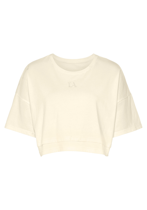 Bild: Kurzarmshirt von LASCANA: Lässiges Cropped-Shirt von Lascana mit Rundhalsausschnitt und lässig überschnittenen Schultern. Saum im Lagen-Look. Tonige Markenstickerei vorn. Weite, kastige Passform mit modisch verkürzter Länge. Elastischer Baumwolljersey.