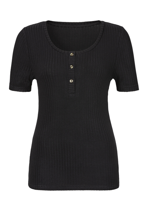 Bild: Kurzarmshirt von LASCANA: Kurzärmliges Shirt mit geradem Saum von Lascana. Mit kleiner Knopfleiste und Knöpfen in Horn-Optik. Perfekt für Urlaub und Freizeit. Elastische Ripp-Qualität aus feiner Viskose.