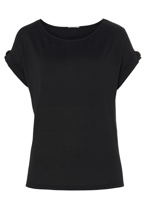 Bild: Kurzarmshirt von LASCANA: Leger geschnittenes Basic-T-Shirt von Lascana. Fixierter Ärmelumschlag mit Knopf in Holzoptik über dem Saum. Angenehme Feinstrickqualität mit weichem Griff.