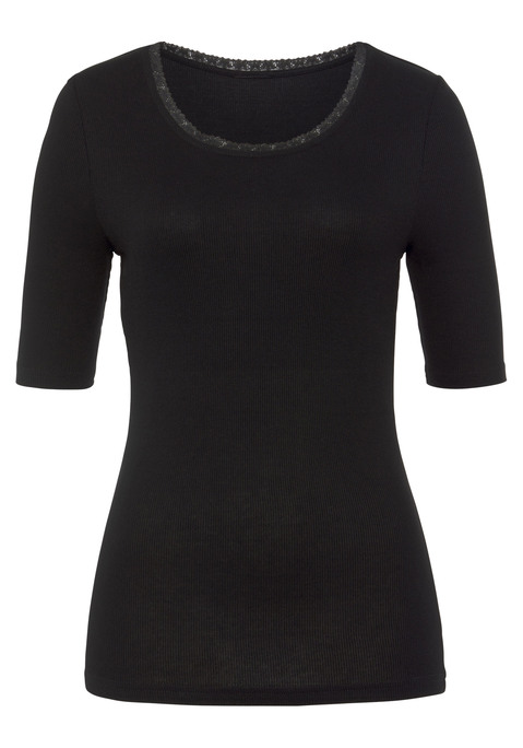 Bild: Kurzarmshirt von LASCANA: Unifarbenes T-Shirt von Lascana. Rundhalsausschnitt mit zarter floraler Spitze. Taillierte Passform. Feiner, elastischer Rippjersey mit weichem Griff aus angenehmer Viskose.