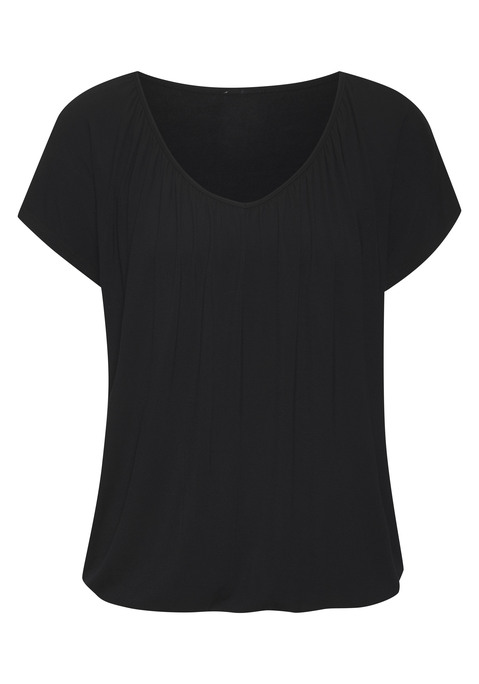 Bild: Kurzarmshirt von LASCANA: T-Shirt von Lascana. Rundhalsausschnitt mit Raffungen. Shirtsaum mit Gummizug. Lockere Passform. Weich fließender Jersey mit Viskose.