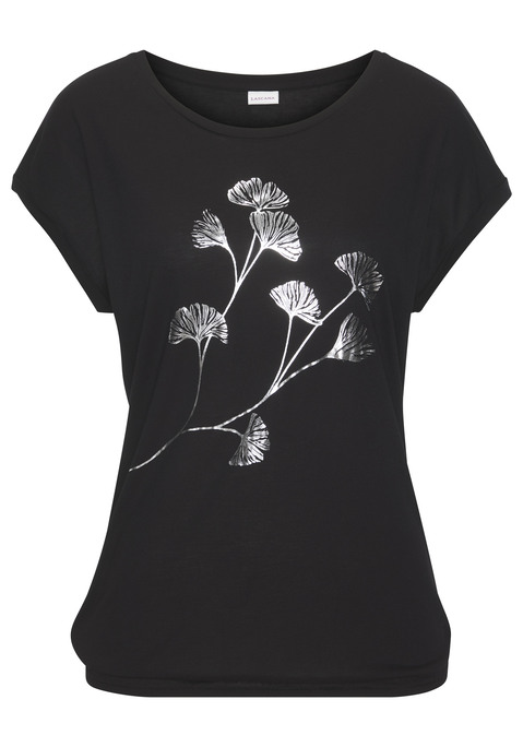 Bild: Kurzarmshirt von LASCANA: T-Shirt von Lascana mit floralem Folienprint vorn. Rundhalsausschnitt, fixierte Ärmelumschläge. Gummizug im Bund für eine lässige Passform. Elastische Viskosequalität.