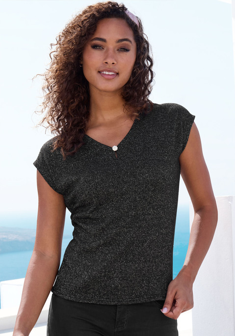 Bild: Kurzarmshirt von LASCANA: Kurzarm-Shirt von Lascana. V-Ausschnitt mit Cut-out und kleinem Knopf mit Schmucksteinbesatz. Ideal für den Alltag und besondere Anlässe. Weiche, strukturierte Qualität mit Viskose.