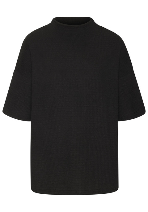 Bild: Kurzarmshirt von LASCANA: Locker geschnittenes Shirt von Lascana. Stehkragen. Überschnittene Schultern, halbe Ärmel. Strukturierte Crêpeware mit recyceltem Polyester.