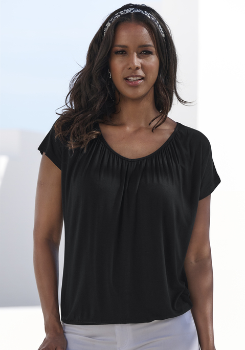 Bild: Kurzarmshirt von LASCANA: T-Shirt von Lascana. Rundhalsausschnitt mit Raffungen. Shirtsaum mit Gummizug. Lockere Passform. Weich fließender Jersey mit Viskose.