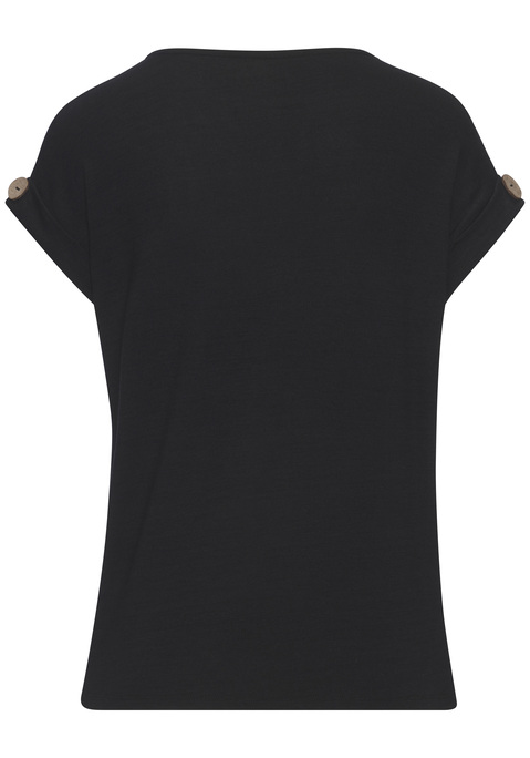 Bild: Kurzarmshirt von LASCANA: Leger geschnittenes Basic-T-Shirt von Lascana. Fixierter Ärmelumschlag mit Knopf in Holzoptik über dem Saum. Angenehme Feinstrickqualität mit weichem Griff.