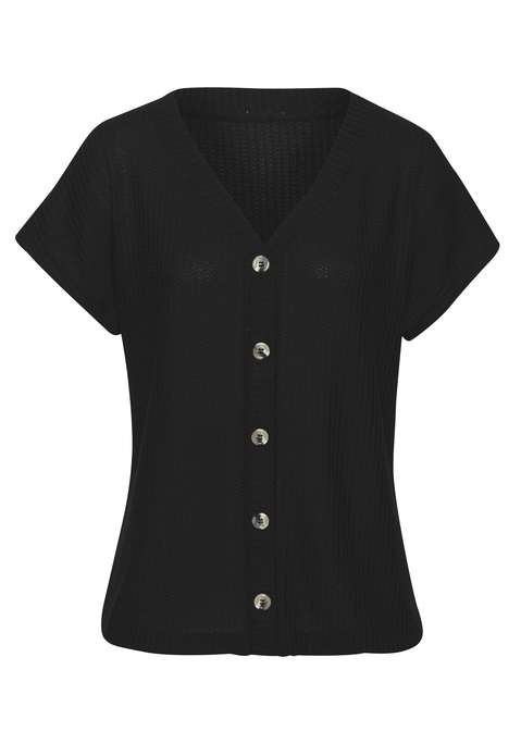 Bild: Kurzarmshirt von LASCANA: Luftiges T-Shirt von Lascana. V-Ausschnitt mit modischer Zierknopfleiste und Knöpfen in Hornoptik. Gummizug am Bund für eine lockere Passform. Aus weicher Piqué-Qualität mit recyceltem Polyester.