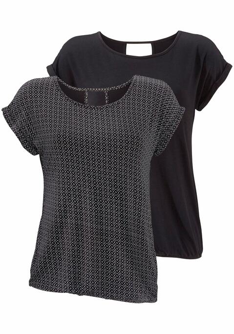 Bild: Kurzarmshirt von LASCANA: Lascana Shirts im 2er-Pack. Mit Rundhalsausschnitt und V-förmigem Cut-Out im Nacken. Gummizug am Bund für eine lockere Passform. Aus weicher Viskose-Elasthan-Qualität.