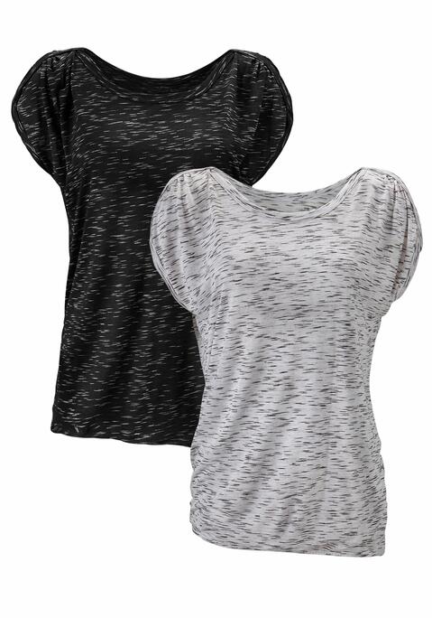 Bild: Kurzarmshirt von LASCANA: 2er-Pack melierte T-Shirts von Lascana mit aufwendiger Schulterraffung. Legere Passform durch Gummizug am Bund. Aus weich fließender Qualität mit hohem Viskoseanteil.