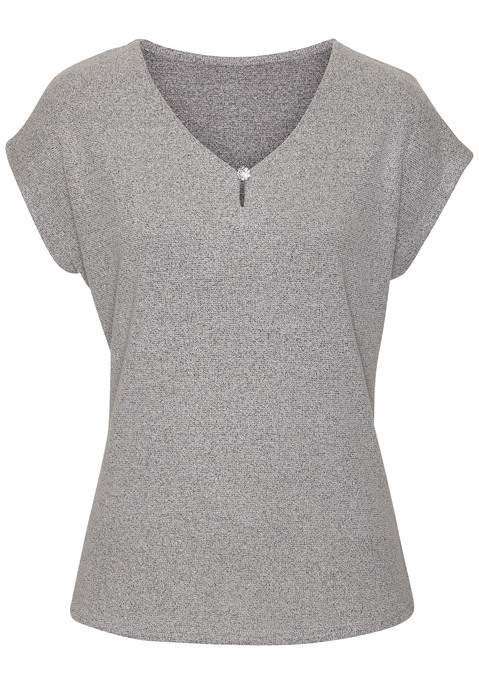 Bild: Kurzarmshirt von LASCANA: Kurzarm-Shirt von Lascana. V-Ausschnitt mit Cut-out und kleinem Knopf mit Schmucksteinbesatz. Ideal für den Alltag und besondere Anlässe. Weiche, strukturierte Qualität mit Viskose.