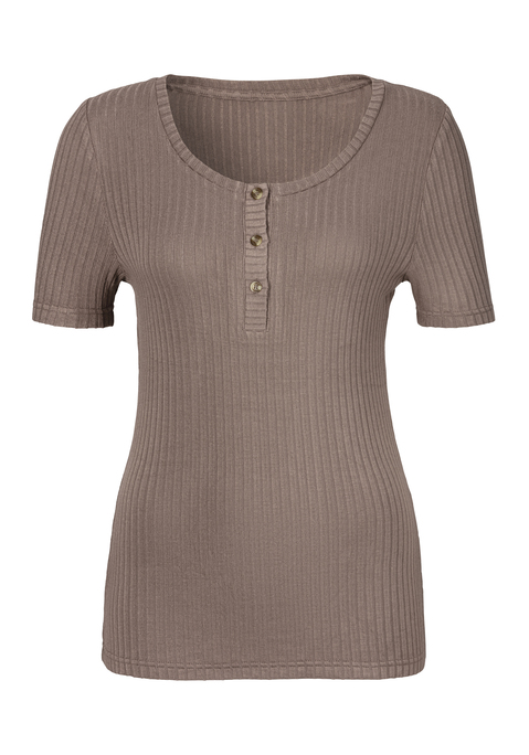 Bild: Kurzarmshirt von LASCANA: Kurzärmliges Shirt mit geradem Saum von Lascana. Mit kleiner Knopfleiste und Knöpfen in Horn-Optik. Perfekt für Urlaub und Freizeit. Elastische Ripp-Qualität aus feiner Viskose.