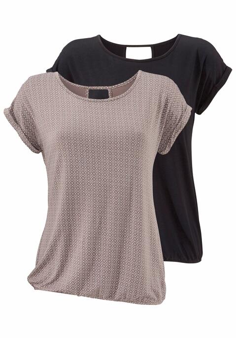 Bild: Kurzarmshirt von LASCANA: Lascana Shirts im 2er-Pack. Mit Rundhalsausschnitt und V-förmigem Cut-Out im Nacken. Gummizug am Bund für eine lockere Passform. Aus weicher Viskose-Elasthan-Qualität.