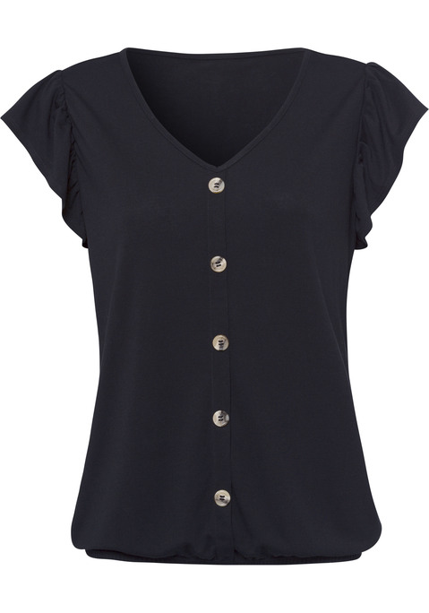 Bild: Kurzarmshirt von LASCANA: Modisches Volant-Shirt im 2er-Pack von Lascana. Kurze Flügelärmel und aufgesetzte Knopfleiste mit Knöpfen aus Hornimitat als schöne Details. Mit Gummizug am Saum für eine aufgelockerte Passform. Ideal zu Jeans und Co. Weich fließende Qualität mit Viskose