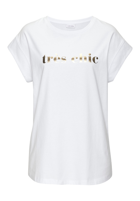 Bild: Kurzarmshirt von LASCANA: Unifarbenes T-Shirt von Lascana mit Rundhalsausschnitt. Kurze Ärmel mit Blende. Schriftzug in Foliendruck vorn. Gerader Saumabschluss. Perfekter Kombipartner für viele verschiedene Looks. Softer Baumwoll-Jersey.
