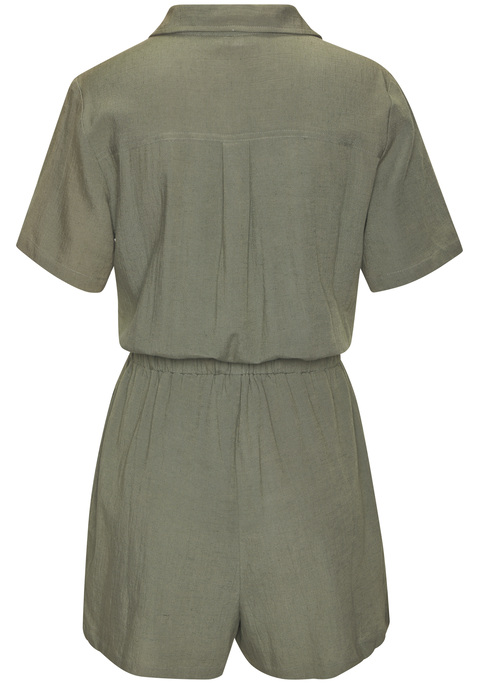 Bild: Kurzoverall von LASCANA: Kurzoverall von Lascana. Blusenkragen, Knopfleiste und kurze Ärmel. Gummizug und Bindegürtel auf Hüfthöhe. Seitliche Eingrifftaschen. Lockere Passform. Luftiger Materialmix mit Viskose, Baumwolle und Leinen.