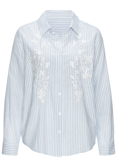 Bild: Langarmbluse von LASCANA: Modische Langarmbluse von Lascana mit floraler Stickerei auf der Vorderseite. Hemdkragen und lange Ärmel mit Knopfverschluss. Durchgängige Knopfleiste. Eingelegte Falte hinten. Trageangenehmer Materialmix mit Leinenanteil.