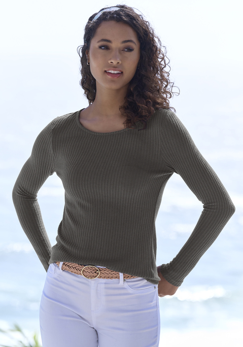 Bild: Langarmshirt von LASCANA: Klassisches Langarmshirt von Lascana. Rundhalsausschnitt und gerader Saum. Figurbetonter Schnitt. Vielseitig kombinierbar. Aus weicher Waffelpiqué-Qualität.