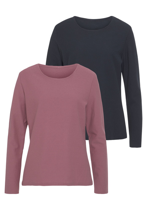 Bild: Langarmshirt von LASCANA: Lascana Langarmshirt im 2er-Pack mit gestreiftem Strukturmuster. Rundhalsausschnitt. Taillierte Passform. Gut zu kombinieren. Einsatz von Baumwolle, die die Initiative Cotton made in Africa unterstützt.