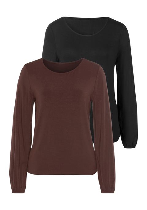 Bild: Langarmshirt von LASCANA: Langarmshirts von Lascana im Doppelpack. Locker geschnittene Ärmel mit Gummizug am Ärmelsaum. Rundhalsausschnitt. Gerader Saum. Trageangenehme und elastische Qualität.