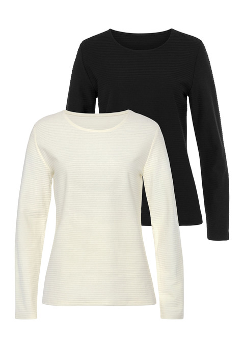 Bild: Langarmshirt von LASCANA: Lascana Langarmshirt im 2er-Pack mit gestreiftem Strukturmuster. Rundhalsausschnitt. Taillierte Passform. Gut zu kombinieren. Einsatz von Baumwolle, die die Initiative Cotton made in Africa unterstützt.
