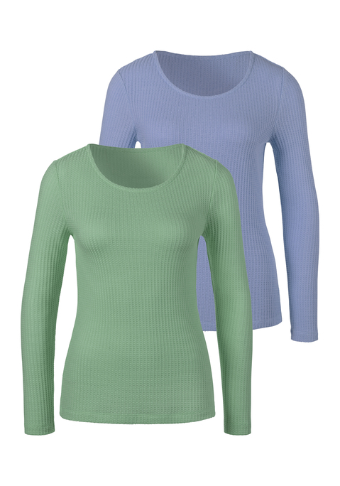 Bild: Langarmshirt von LASCANA: Weiches und schön designtes Langarmshirt im 2er-Pack von Lascana. Angenehmer Schnitt mit breitem Rundhalsausschnitt, langen Ärmeln und geradem Saum. Vielseitig kombinierbar. Aus weicher Waffelpiqué-Qualität.