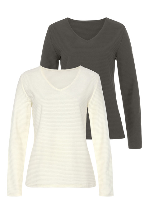 Bild: Langarmshirt von LASCANA: Lässige Langarmshirts von Lascana im 2er-Pack mit gestreiftem Strukturmuster. V-Ausschnitt. Super zu kombinieren. Einsatz von Baumwolle, die die Initiative Cotton made in Africa unterstützt.