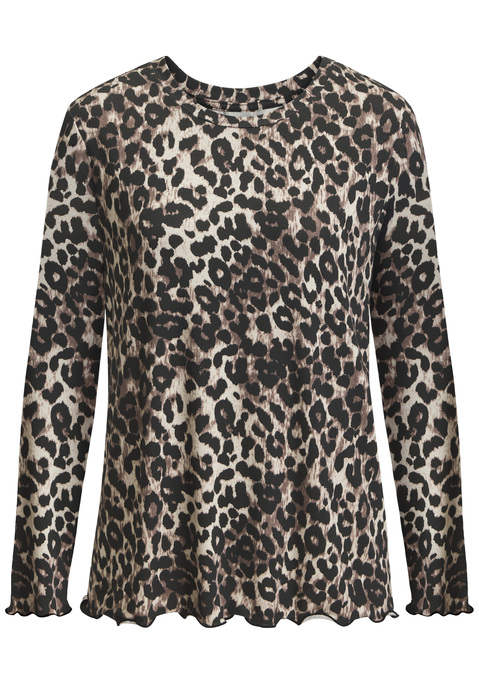 Bild: Langarmshirt von LASCANA: <b>Trendstarker Animal-Look: das Langarmshirt mit femininem Wellensaum</b><br><br>Das <b>Langarmshirt</b> setzt mit seinem ausdrucksstarken Animalprint ein modisches Statement. Der lockere Schnitt sorgt für eine lässige Passform, während der feminine Rundhalsausschnitt und die wellenförmigen Abschlüsse an Ärmeln und Saum besondere Akzente setzen. Ein vielseitiger Begleiter für modische Alltagslooks.