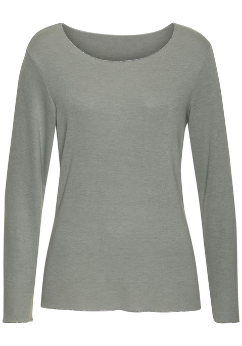 Bild: Langarmshirt von LASCANA: Unifarbenes Langarmshirt von Lascana mit feiner Glitzerkante an Rundhalsausschnitt, Saum und Ärmelabschluss. Legere Passform. Gut zu kombinieren. Weiche Qualität im Viskose-Mix.