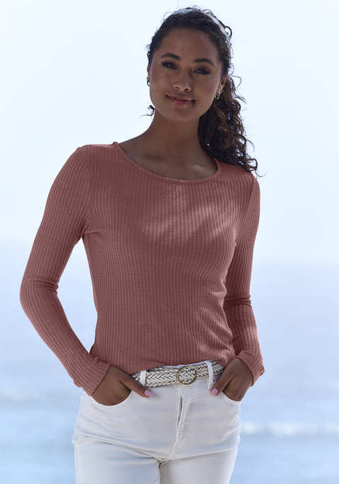 Bild: Langarmshirt von LASCANA: Klassisches Langarmshirt von Lascana. Rundhalsausschnitt und gerader Saum. Figurbetonter Schnitt. Vielseitig kombinierbar. Aus weicher Waffelpiqué-Qualität.