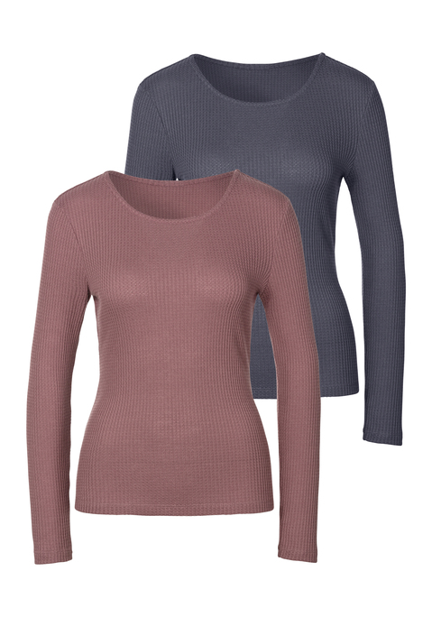 Bild: Langarmshirt von LASCANA: Weiches und schön designtes Langarmshirt im 2er-Pack von Lascana. Angenehmer Schnitt mit breitem Rundhalsausschnitt, langen Ärmeln und geradem Saum. Vielseitig kombinierbar. Aus weicher Waffelpiqué-Qualität.