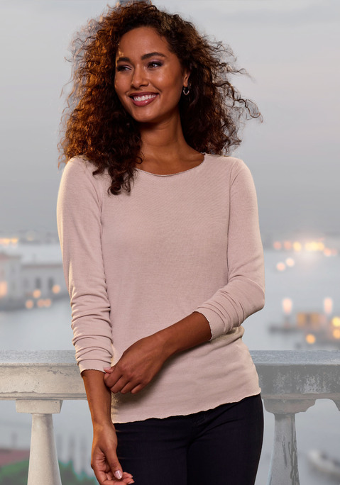 Bild: Langarmshirt von LASCANA: Unifarbenes Langarmshirt von Lascana mit feiner Glitzerkante an Rundhalsausschnitt, Saum und Ärmelabschluss. Legere Passform. Gut zu kombinieren. Weiche Qualität im Viskose-Mix.