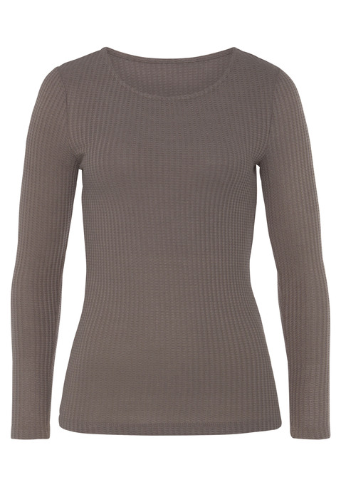 Bild: Langarmshirt von LASCANA: Klassisches Langarmshirt von Lascana. Rundhalsausschnitt und gerader Saum. Figurbetonter Schnitt. Vielseitig kombinierbar. Aus weicher Waffelpiqué-Qualität.