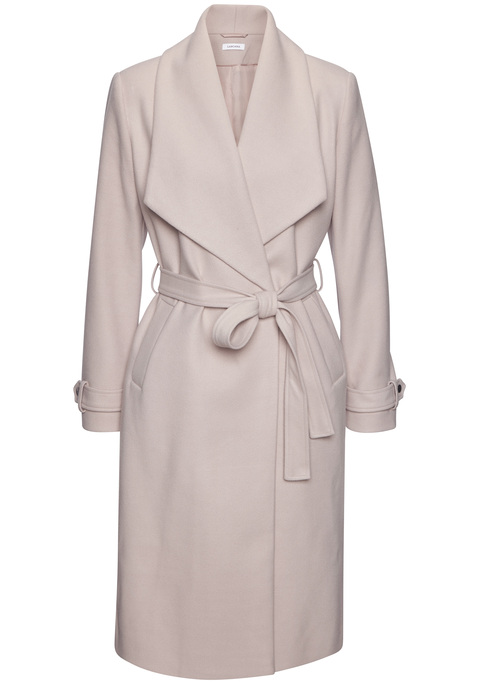 Bild: Langmantel von LASCANA: Mantel von LASCANA mit modisch großem Kragen. Druckknopfleiste vorn. Gürtelschlaufen und Bindegürtel in der Taille. Seitliche Eingrifftaschen. Zierriegel an den Ärmeln. Länge ca. 108 cm. Obermaterial und Futter aus 100% Polyester.