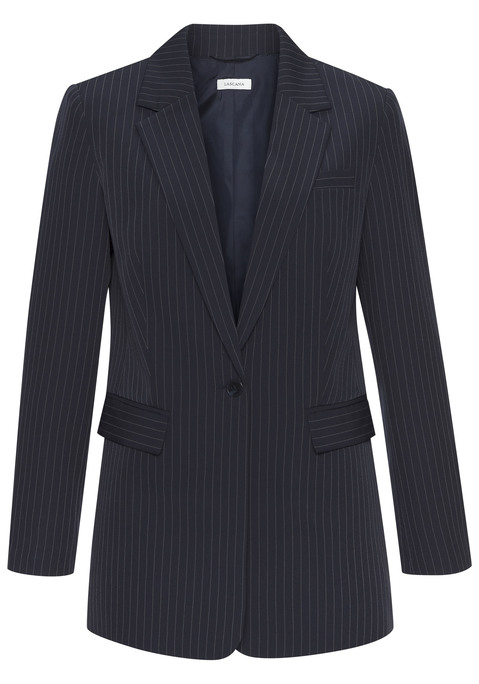 Bild: Longblazer von LASCANA: Nadelstreifenblazer von Lascana. Modischer Reverskragen. Klappentaschen und paspelierte Brusttasche. Gehschlitz hinten. Lange Ärmel mit Schlitzen und Knöpfen. Aus pflegeleichter Webware.