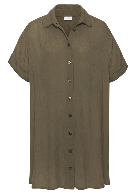 Bild: Longbluse von LASCANA: Lässige kurzärmelige Longbluse von Lascana im unifarbenen Design. Mit Hemdblusenkragen und durchgehender Knopfleiste vorn. Seitliche Saumschlitze. Vielseitig kombinierbar. Trageangenehme Crêpequalität aus weicher Viskose.