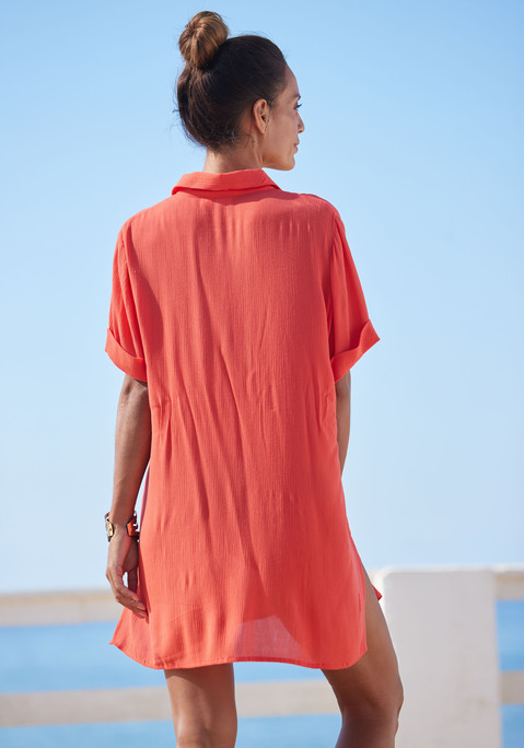 Bild: Longbluse von LASCANA: Lässige kurzärmelige Longbluse von Lascana im unifarbenen Design. Mit Hemdblusenkragen und durchgehender Knopfleiste vorn. Seitliche Saumschlitze. Vielseitig kombinierbar. Trageangenehme Crêpequalität aus weicher Viskose.