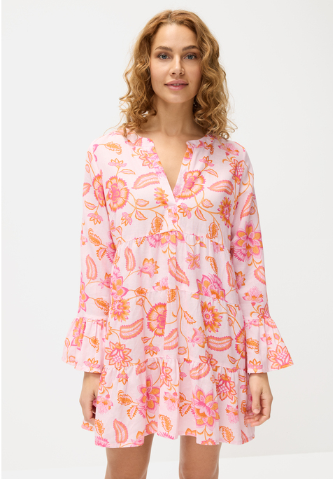 Bild: Longbluse von LASCANA: Hochwertige Longbluse von Lascana   mit Alloverprint, jedes Teil ein Unikat. Für eine gute Passform: Stehkragen mit Schlitz und Volants am Körper und Ärmelsaum. Ideal für lässige und stilvolle Outfits. Materialmix mit Leinenanteil.