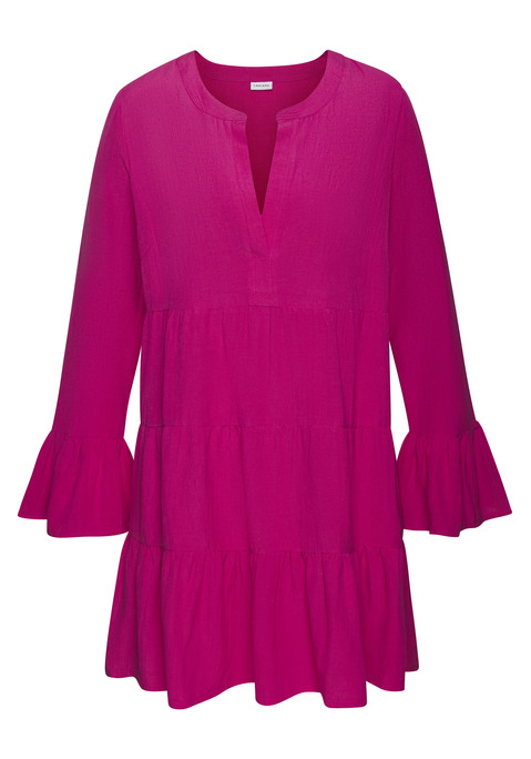 Bild: Longbluse von LASCANA: Leichte Longbluse von Lascana. Stehkragen mit Schlitz und Volants am Körper und Ärmelsaum für eine feminine Note. Lockere Passform und Brustabnäher für eine schmeichelhafte Silhouette. Ideal für Alltag und besondere Anlässe. Materialmix mit Leinen.