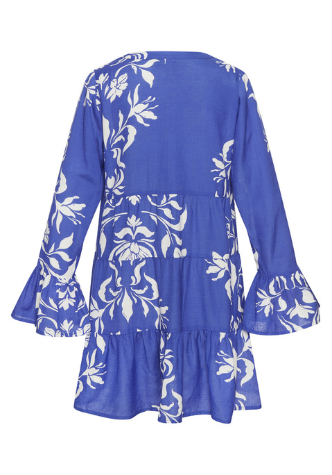 Bild: Longbluse von LASCANA: Longbluse von Lascana. Floraler Alloverprint, jedes Teil ein Unikat. Tunikaausschnitt. Gestufter Rockteil. Lange Glockenärmel. Luftige Viskose mit Leinen.